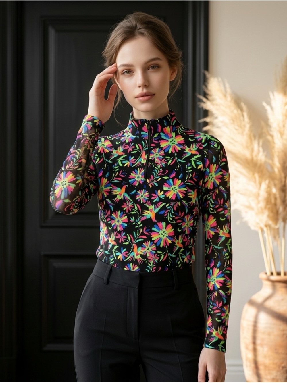 IBKUL ESTELA BLACK Adjustable Long Sleeve Golf/Polo ~ Floral < Size S